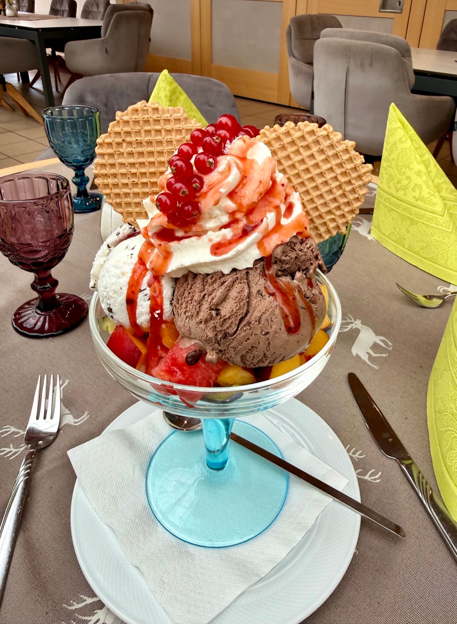 Ice cream sundae topped with fresh fruit and whipped cream at Zentrum Café Restaurant