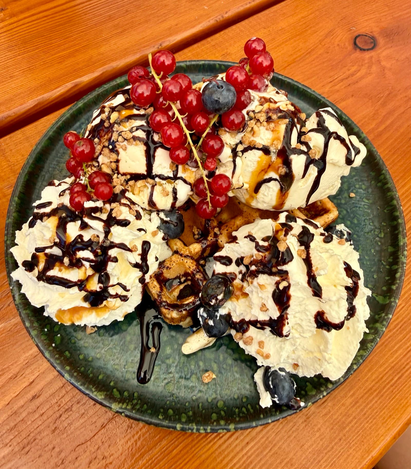 Belgian waffles with ice cream and warm chocolate sauce at Zentrum Café Restaurant
